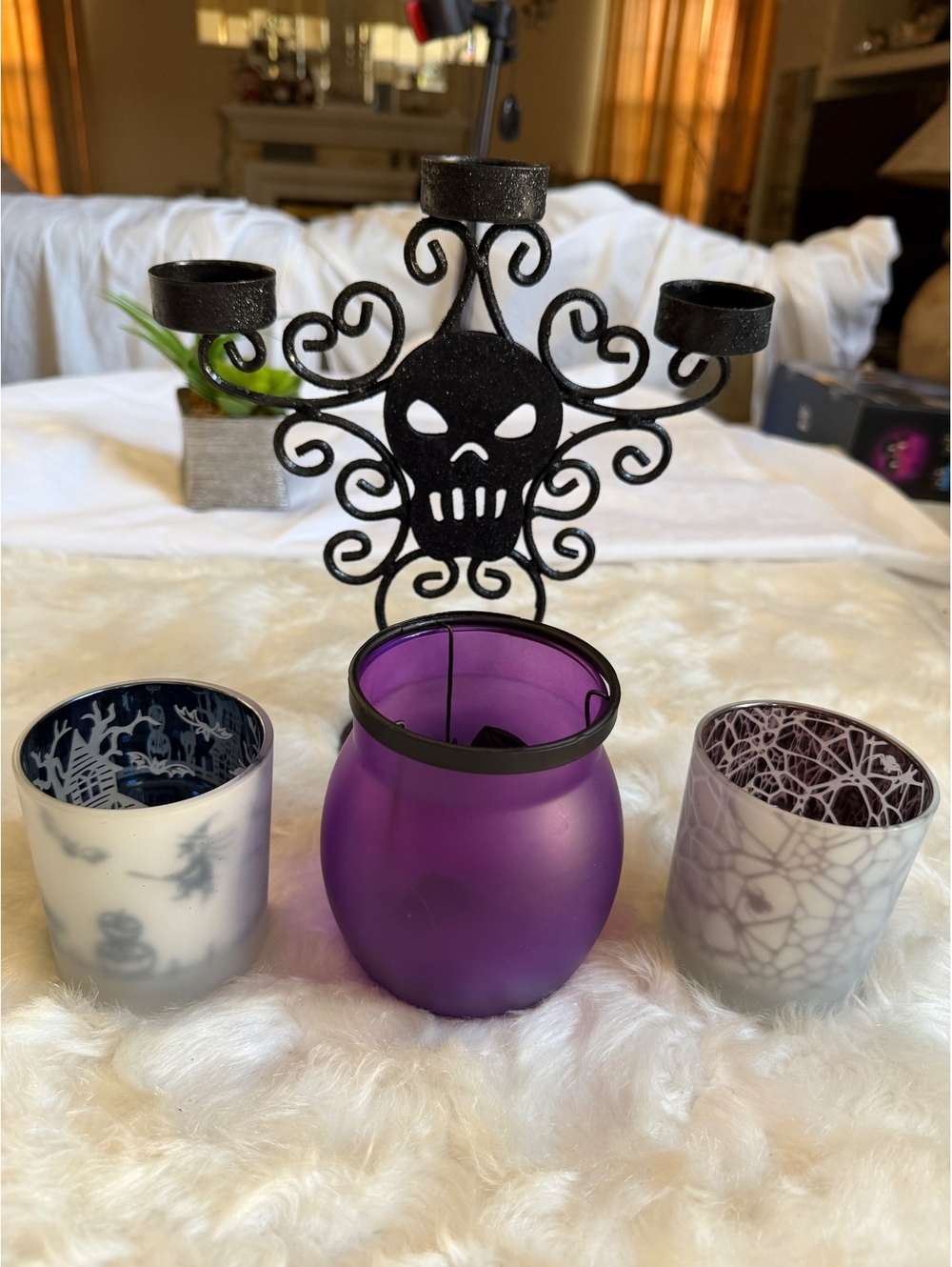 Halloween Skull Candle Holder Set Black Metal 3 Glass Votive
